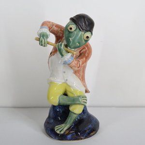 Majolica Pottery Frog Playing Flute Figure Multi Color 10" Tall Frog